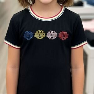 3/$6 Justice Black Ribbed T-Shirt with Colorful Logos Girls size M